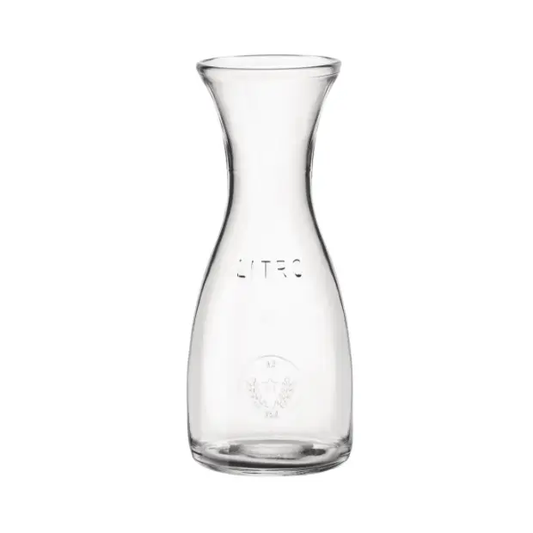 Bormioli Rocco Misura glass carafe jug, 1.1L capacity, clear glass with a smooth, rounded design for serving beverages.