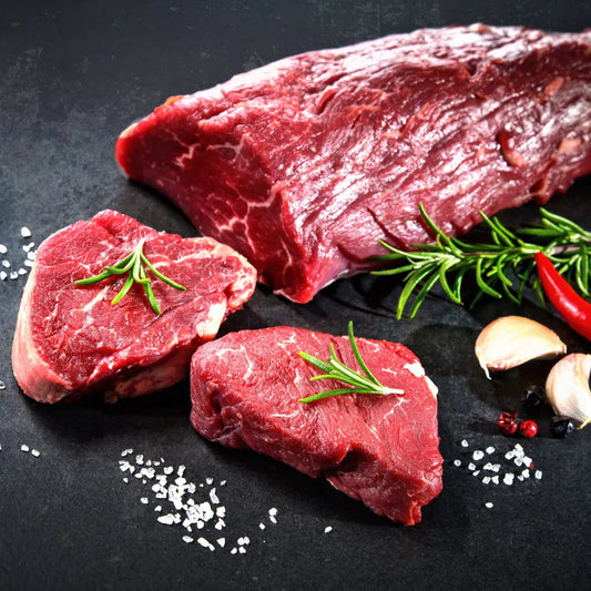 Primrose Herd beef fillet tail, showcasing a fresh, tender beef cut with a deep red color and smooth texture on a clean surface.