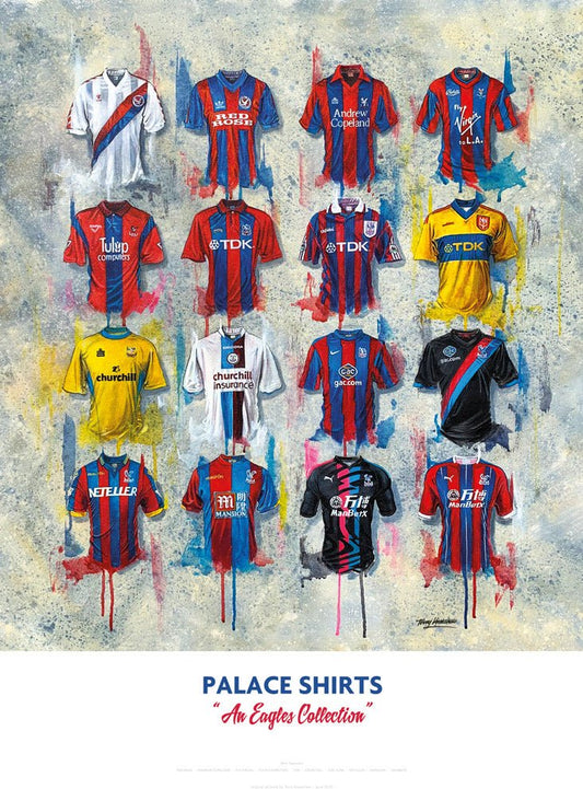 Limited edition signed print of Crystal Palace FC shirts by Terry Kneeshaw Art, showcasing detailed artwork of iconic football jerseys.
