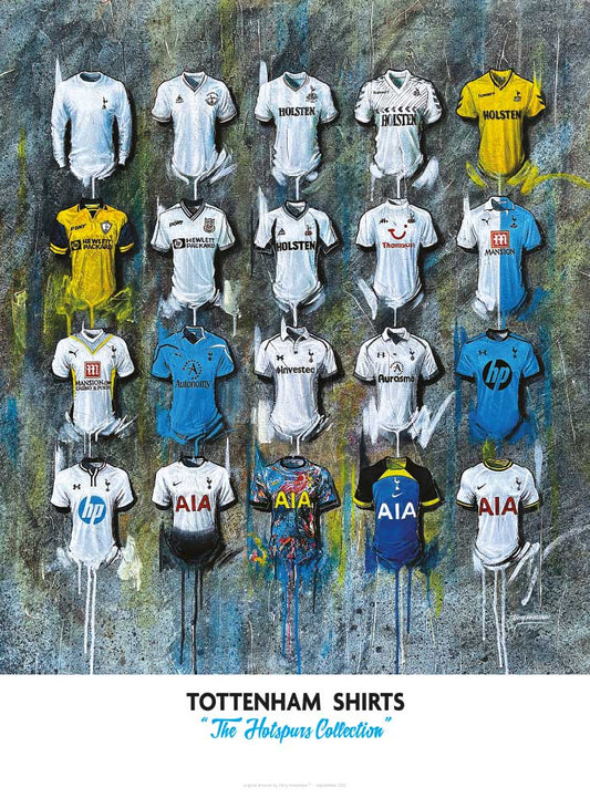 Limited edition Spurs FC 2022 shirt signed print by Terry Kneeshaw Art, A2 size, featuring detailed artwork of the football jersey.