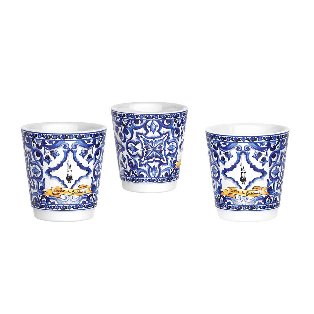 Bialetti X Dolce&Gabbana Blue Mediterranean gift set with 6-cup Moka coffee maker and stirrer, Brew Italia hardware, vibrant blue design.