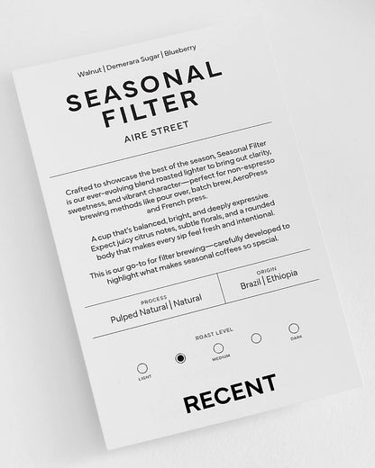 Seasonal filter image featuring Recent Beans Aire Street Blend Light Medium Roast Coffee in a bag with coffee beans and brewing setup.