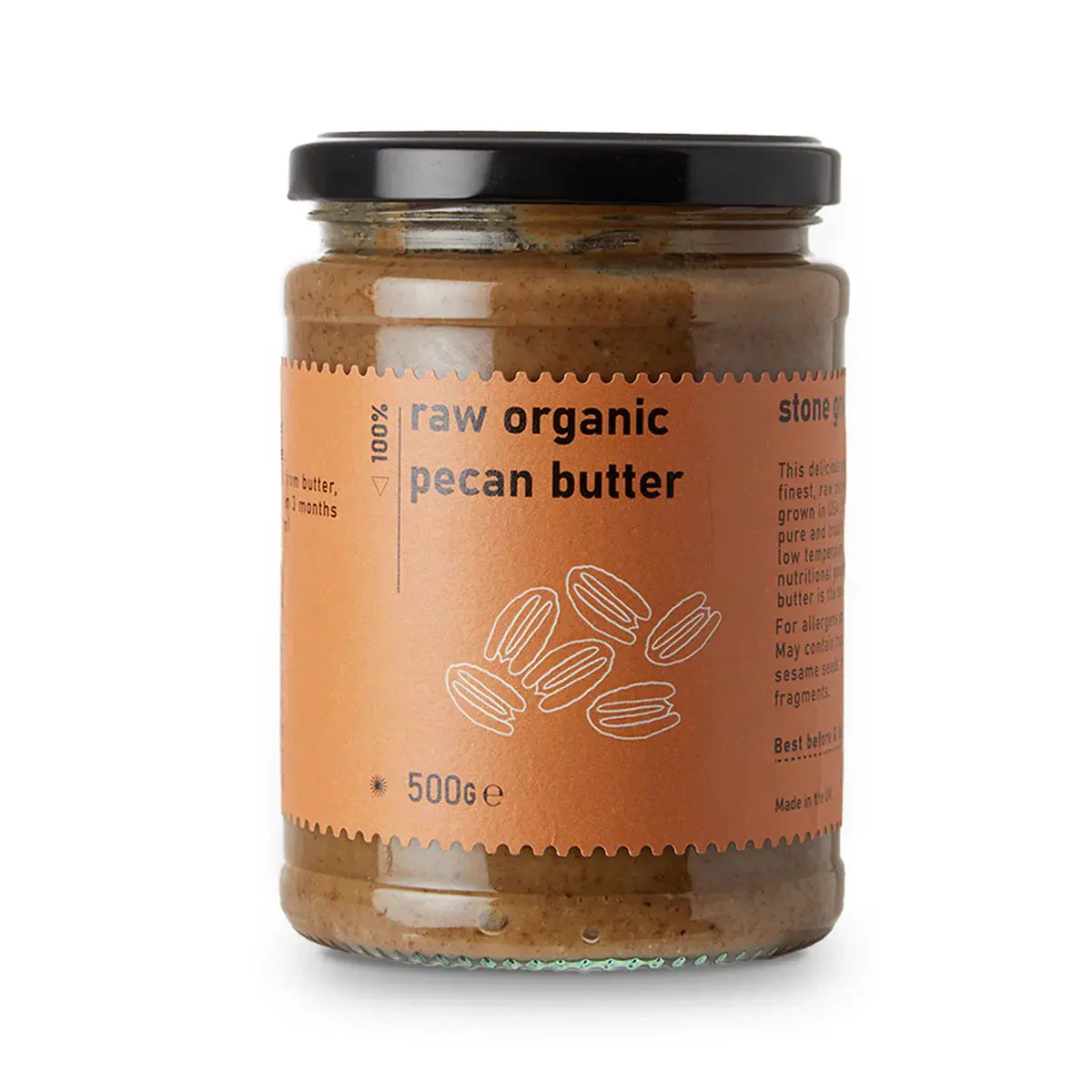 Creamy raw organic pecan butter from Whole Food Earth, showcasing a jar of rich, smooth nut butter with pecans in the background.