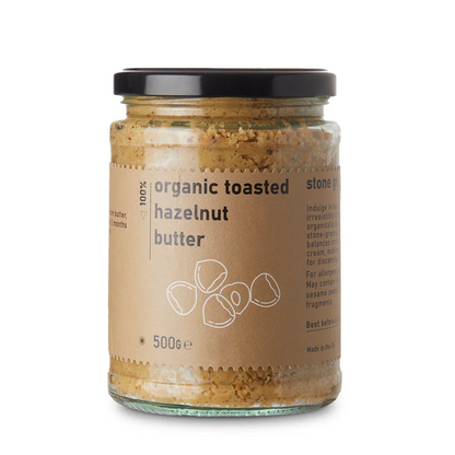 Organic toasted hazelnut butter from RawGorilla, creamy nut butter in a glass jar, highlighting the natural, roasted hazelnuts.