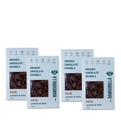 Organic chocolate granola cereal from Whole Food Earth, featuring raw, keto-friendly ingredients in a 250g package.