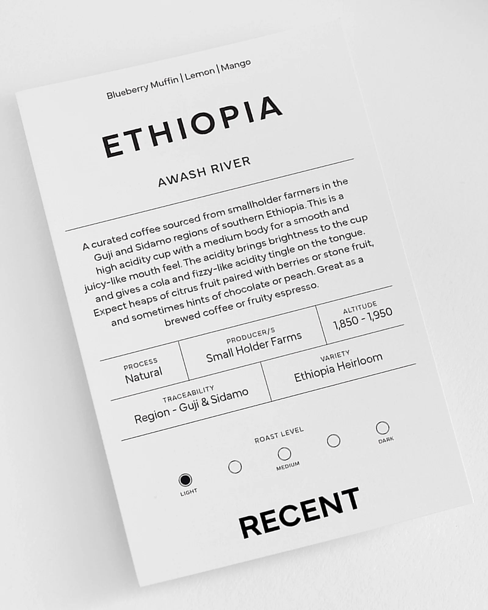 Ethiopian Awash River medium roast coffee bag from Recent Beans, showcasing the colorful packaging and coffee branding.