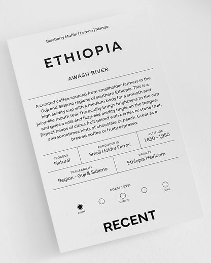 Ethiopian Awash River medium roast coffee bag from Recent Beans, showcasing the colorful packaging and coffee branding.