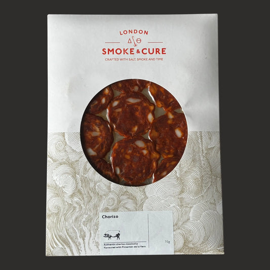 Sliced London Smoke & Cure chorizo from ArtisanBox Selection, thinly sliced cured sausage with smoky flavor, 70g package.