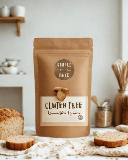 Simple Bake gluten-free quinoa bread premix in a resealable bag, ready for baking healthy, grain-free bread at home.