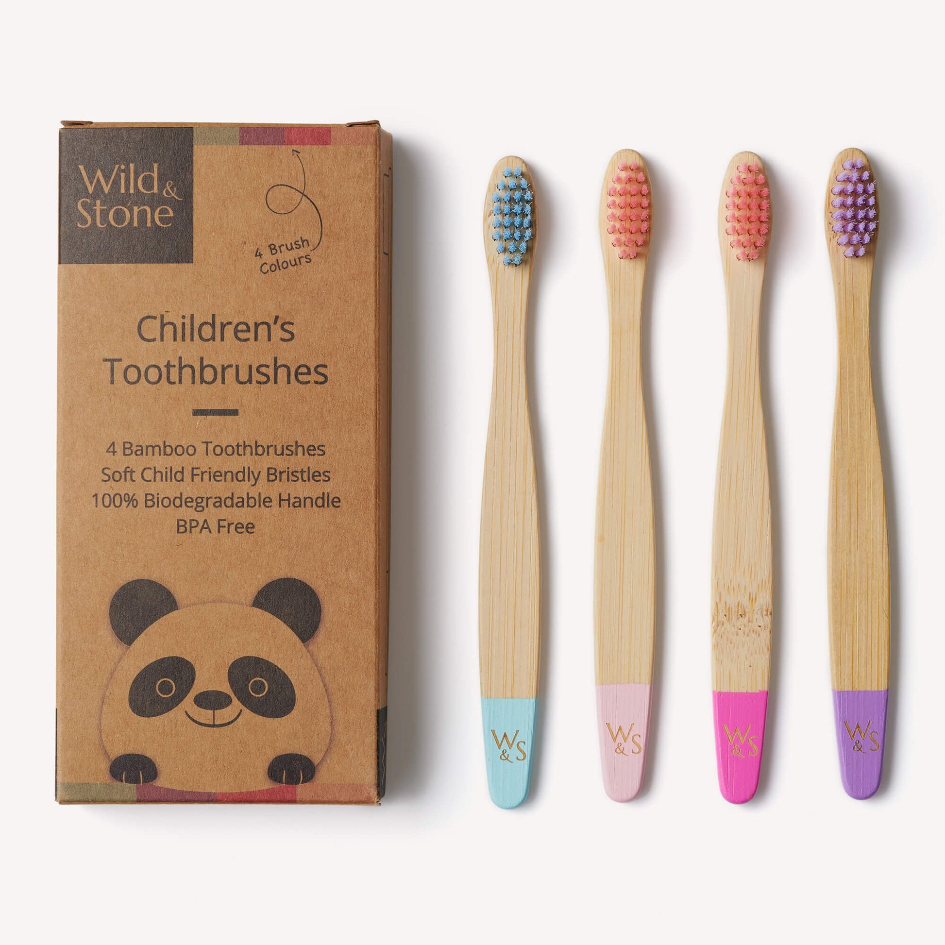 Children's bamboo toothbrushes in candy colors, Wild and Stone 4-pack, featuring eco-friendly bamboo handles and soft bristles.