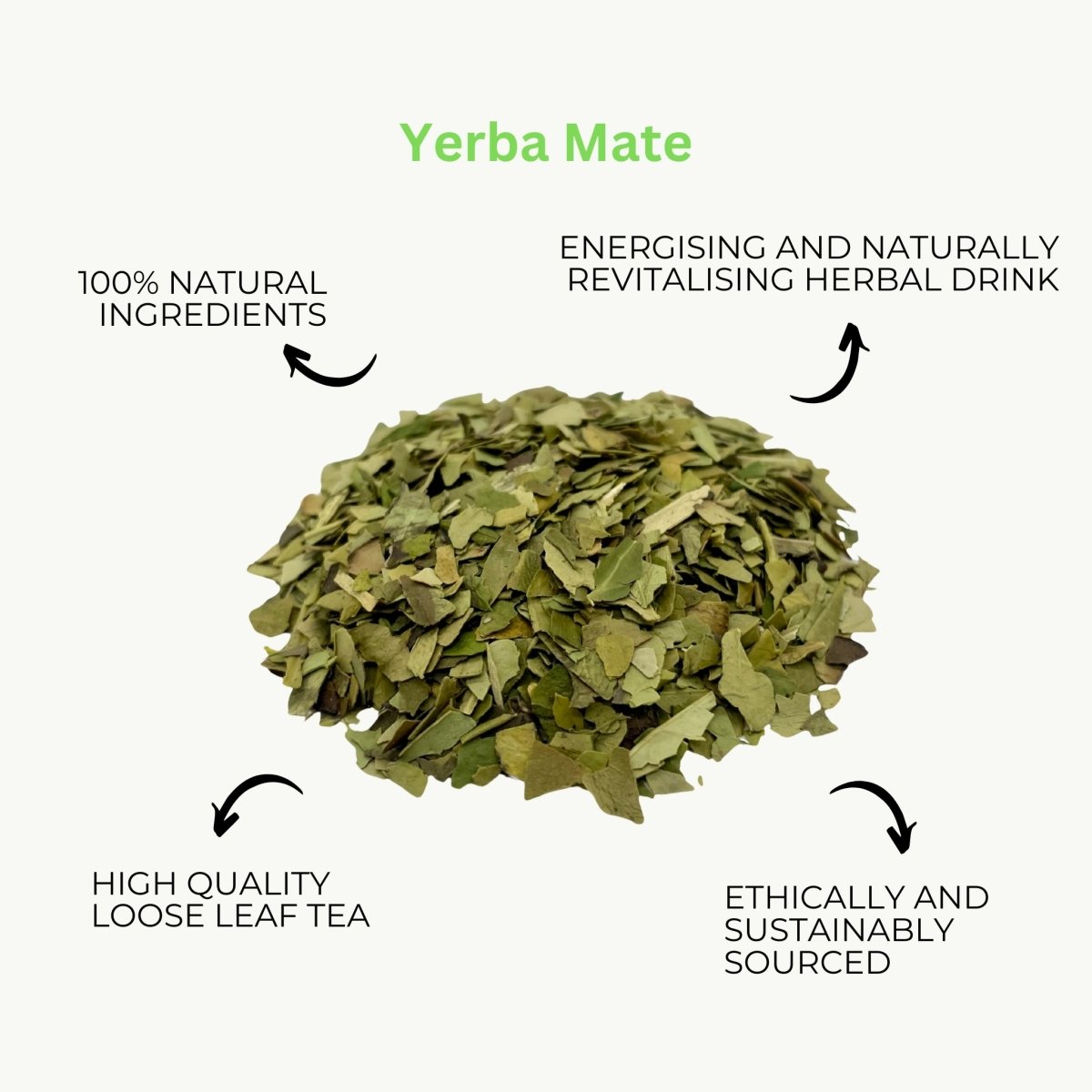 Loose leaf Yerba Mate tea from Camellios, featuring green, dried yerba mate leaves in a natural, rustic presentation.