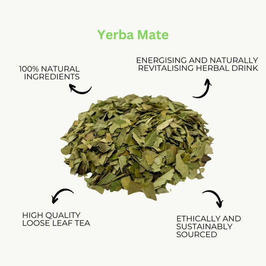 Loose leaf Yerba Mate tea from Camellios, featuring green, dried yerba mate leaves in a natural, rustic presentation.