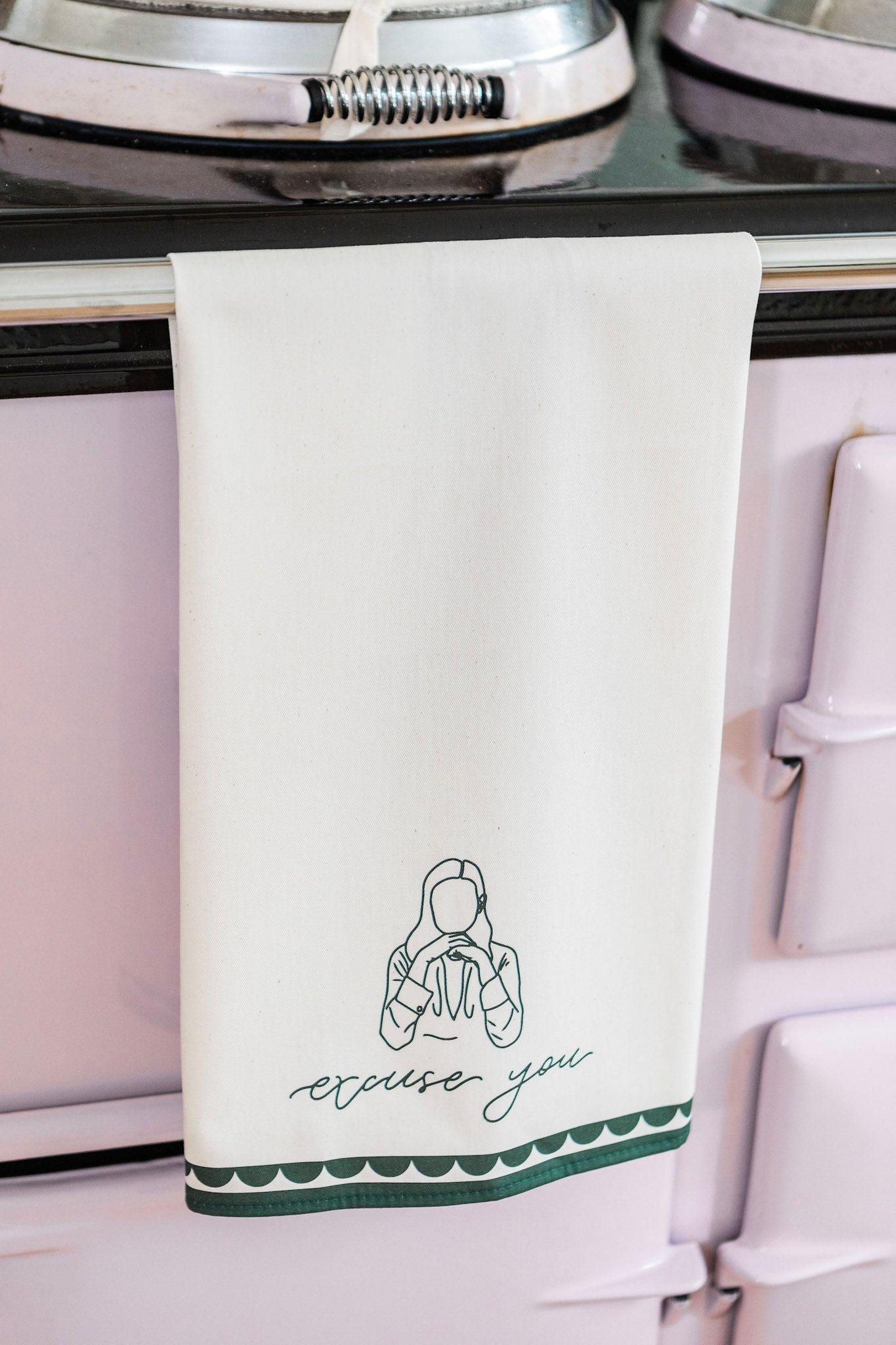 Avalon Home UK Excuse You tea towel with humorous text design, made of soft fabric for kitchen use.