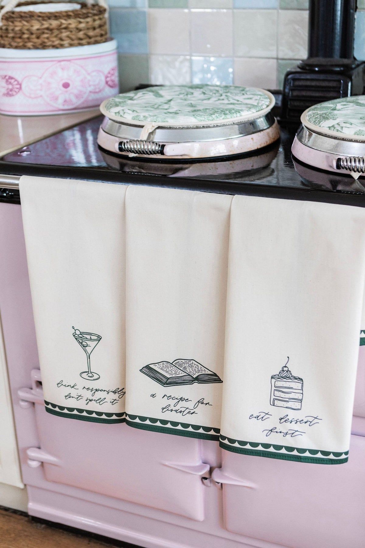 Eat Dessert First tea towel by Avalon Home UK featuring a colorful dessert pattern, made of soft fabric for kitchen decor.
