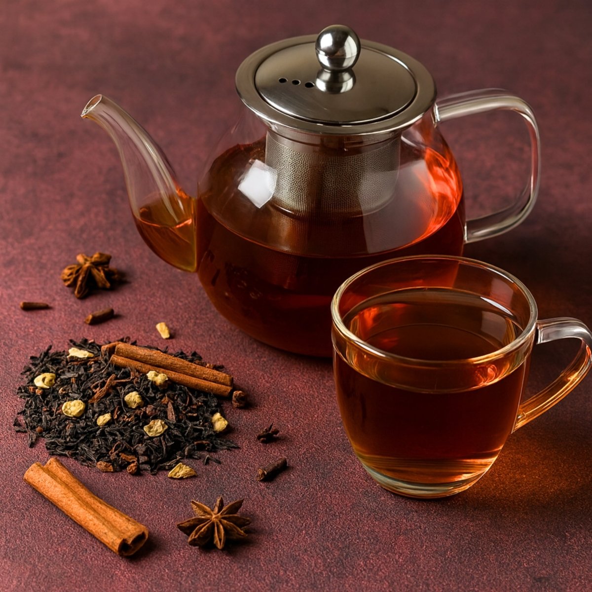 Assorted Camellios Exotic Loose Leaf Tea Bundle with colorful tea leaves and infusions in a clear glass jar and tea cups.