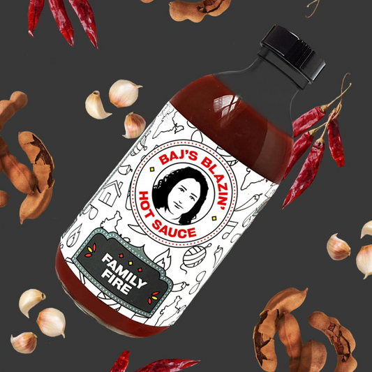 Bajs Blazin’ Hot Sauce Artisan Family Fire hot sauce bottle, 300ml with fiery red chili peppers on the label.