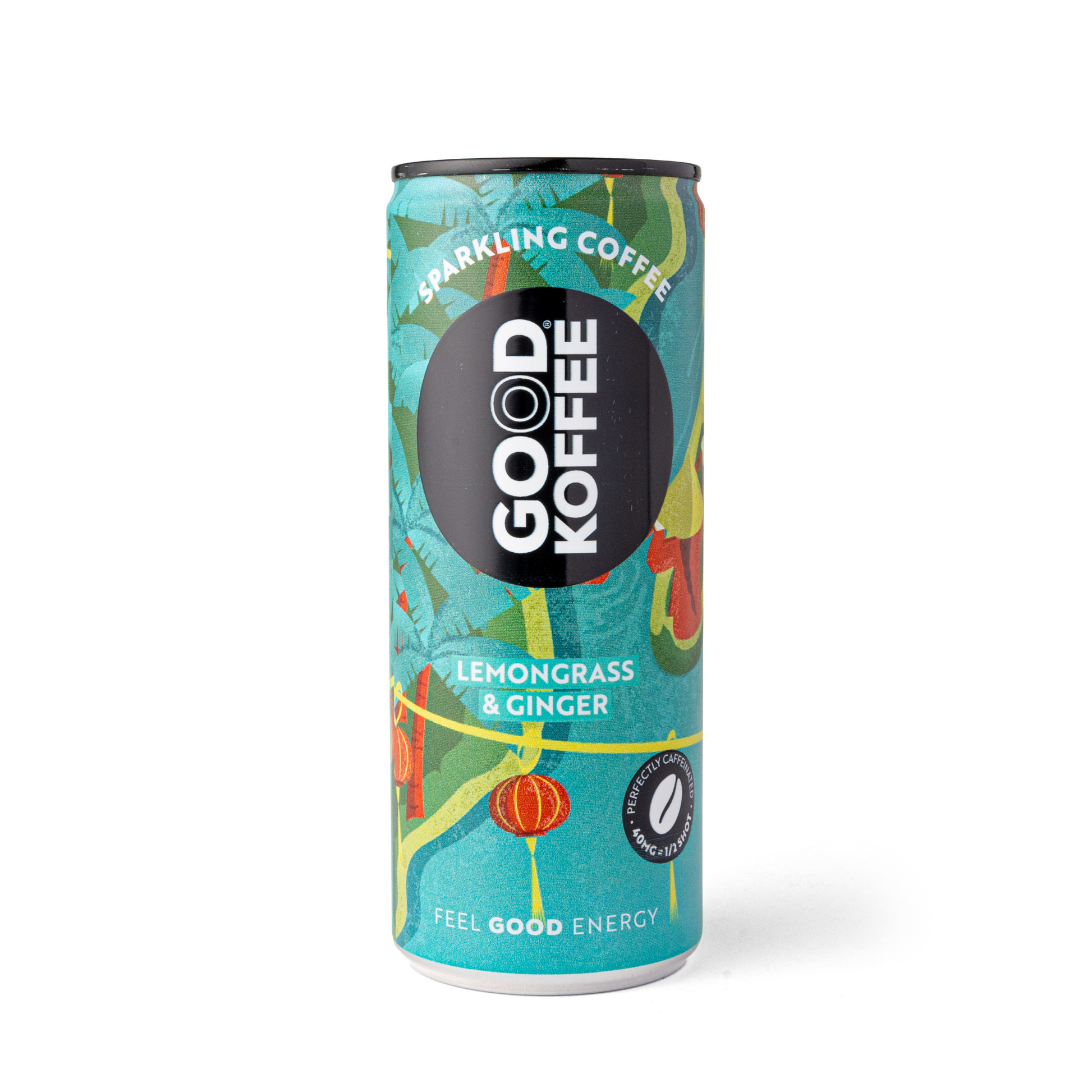 A 12-pack of GOOD KOFFEE Lemongrass & Ginger Sparkling Coffee bottles, showcasing vibrant labels and sparkling beverage inside.