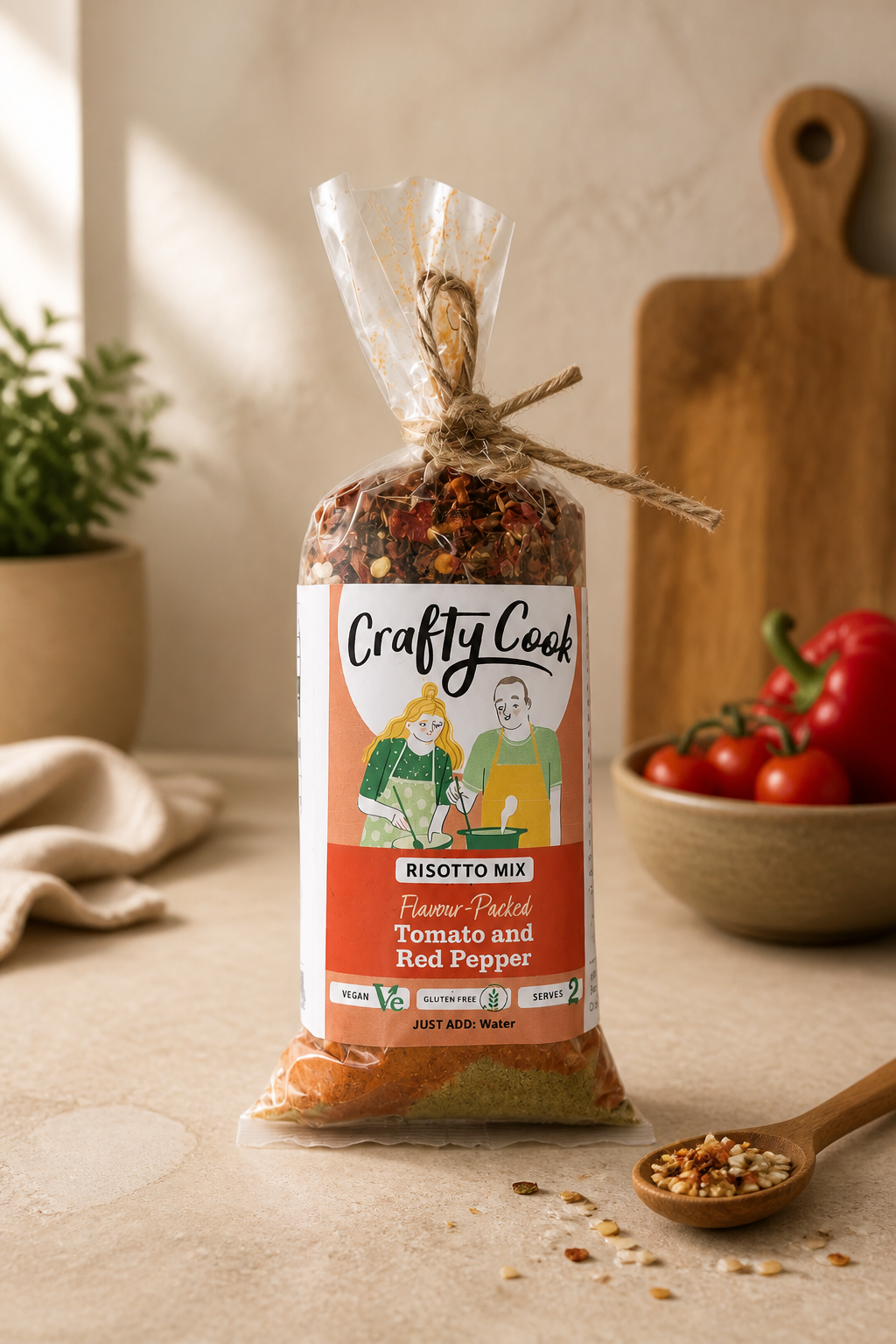 Creamy tomato and red pepper risotto mix by Crafty Cook, featuring vibrant red peppers and Italian rice in a ready-to-cook package.