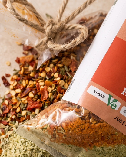 Creamy tomato and red pepper risotto mix by Crafty Cook, gluten-free and vegetarian, with visible red peppers and rice grains.