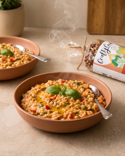 Creamy tomato and red pepper risotto mix by Crafty Cook, featuring vibrant red peppers and grains of arborio rice in a ready-to-cook package.