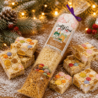 White chocolate Rocky Road mix in a Crafty Cook Christmas-themed package with marshmallows and nuts.