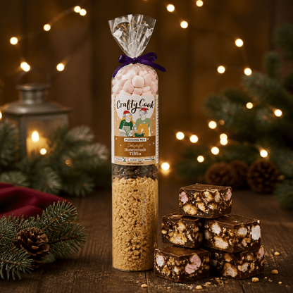 Colorful Christmas honeycomb tiffin mix by Crafty Cook, featuring a vibrant assortment of sweet, crunchy treats in festive packaging.