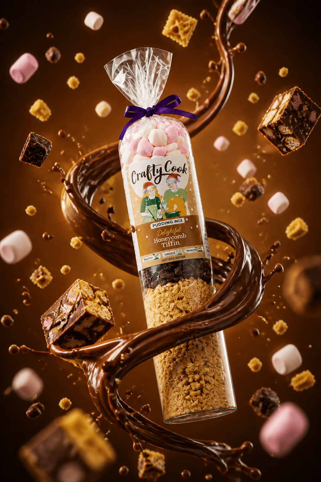 Colorful Christmas honeycomb tiffin mix from Crafty Cook with assorted candies and treats in a festive container.