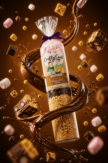 Colorful Christmas honeycomb tiffin mix from Crafty Cook with assorted candies and treats in a festive container.