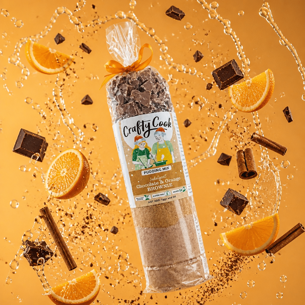 Gluten-free Christmas chocolate and orange brownie mix by Crafty Cook, showing a colorful box with brownies and oranges.