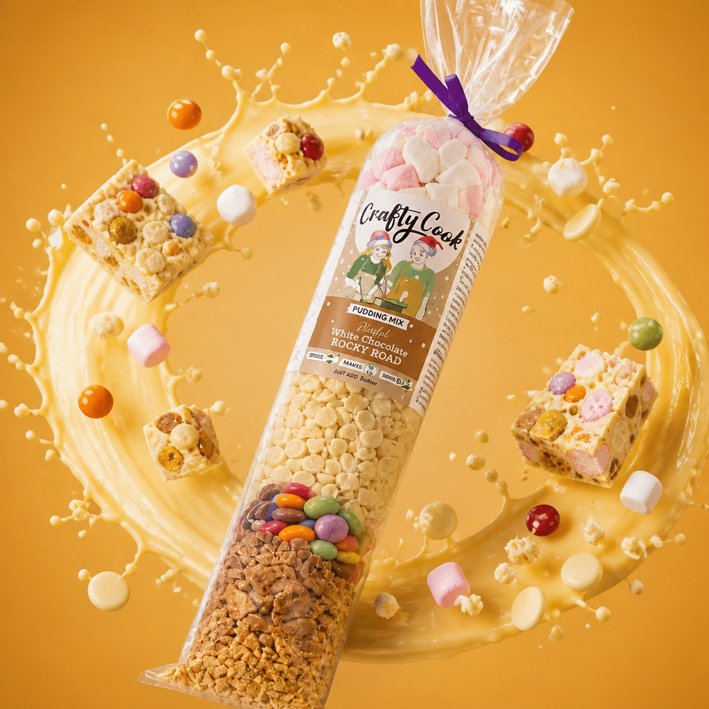 White chocolate rocky road mix by Crafty Cook with marshmallows, nuts, and colorful candies in a clear bowl.