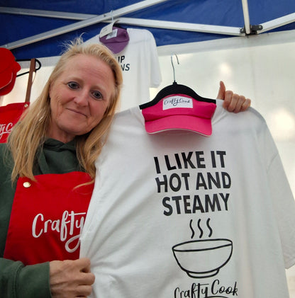 Blue Crafty Cook "I Like It" T-shirt featuring bold text and casual fit, perfect for everyday wear.