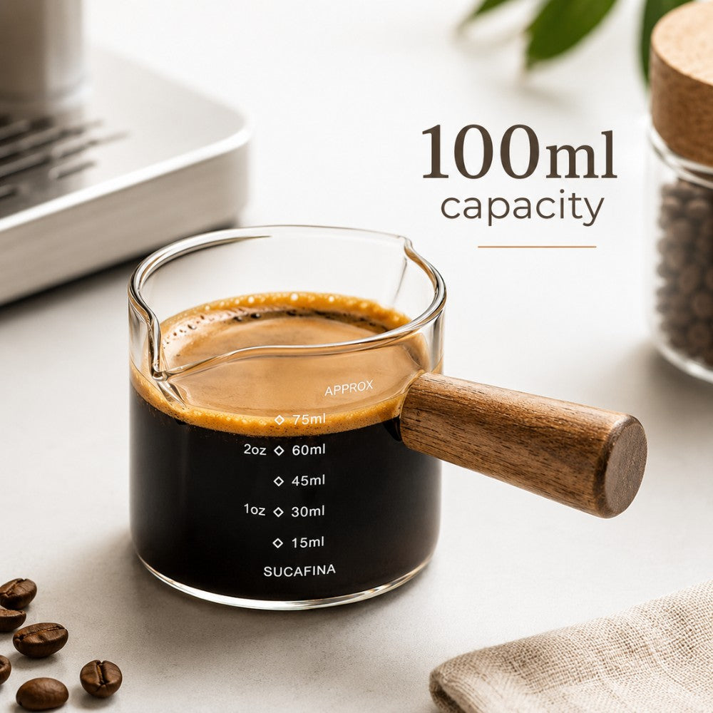 KNOCDIC® 100ml glass espresso measuring cup with wooden handle for precise coffee measurements