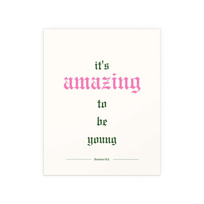 Off-white Fontaines DC poster titled "It's Amazing To Be Young" by Glow On Prints, featuring band artwork with vibrant colors.