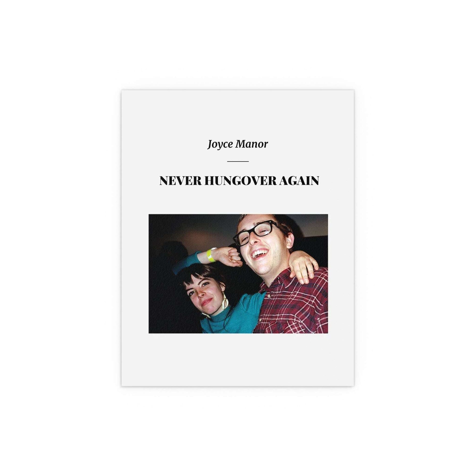 Joyce Manor Never Hungover Again poster by Glow On Prints, featuring band album artwork on a wall display.