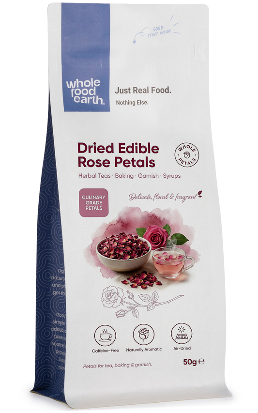 Dried edible rose petals from Whole Food Earth, herbal spice for teas, baking, and garnishing, natural and fragrant.