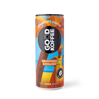 Bottles of GOOD KOFFEE grapefruit and orange sparkling coffee in a 12-pack, showing colorful labels and carbonated beverage inside.