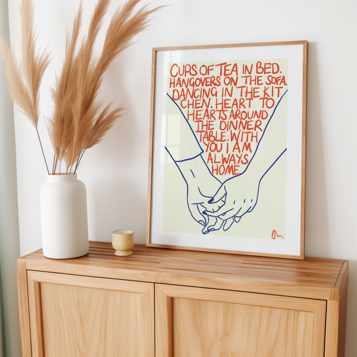 Cute hand-drawn typographic art print featuring orange and blue Cups of Tea with romantic, whimsical lettering by Peak Prints.