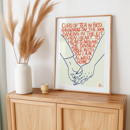 Cute hand-drawn typographic art print featuring orange and blue Cups of Tea with romantic, whimsical lettering by Peak Prints.