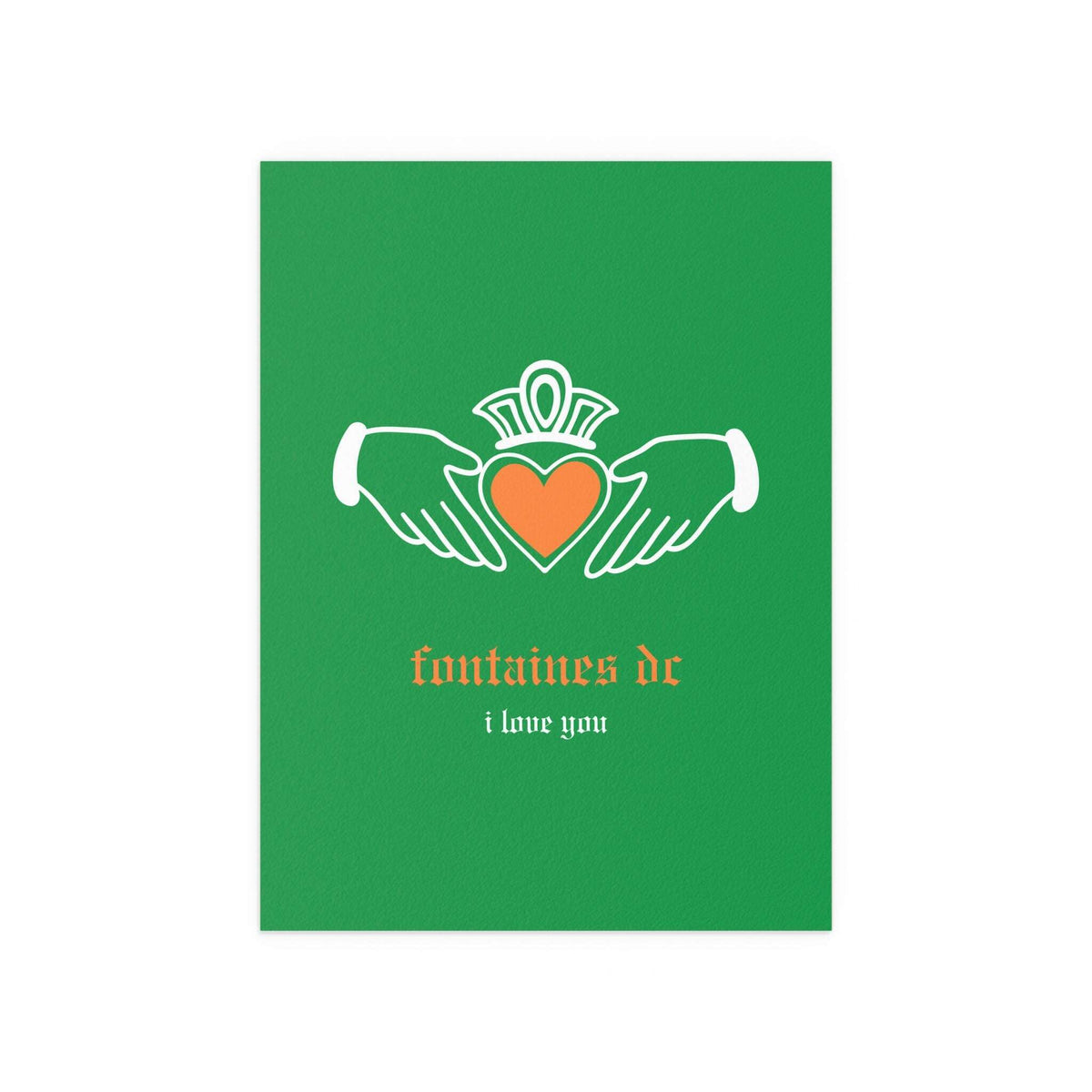 Irish Claddagh poster by Fontaines DC featuring tricolour design, displayed on a wall with decorative elements in the background.