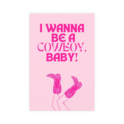 Pink poster of "I Wanna Be a Cowboy, Baby" by CMAT, featuring colorful and artistic design from Glow On Prints.