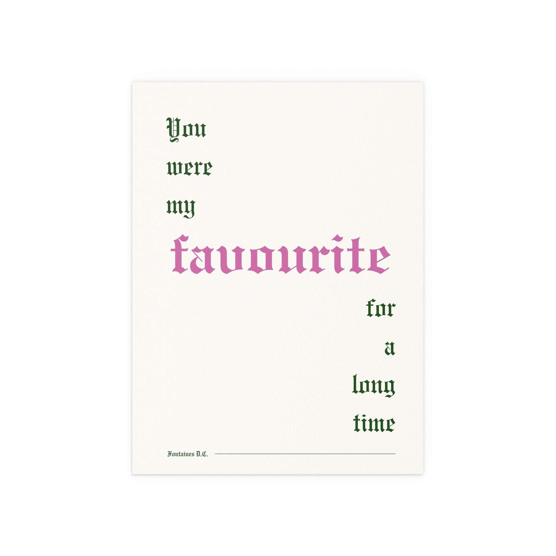 Fontaines DC Favourite poster by Glow On Prints featuring off-white, pink, and green colors with band artwork on paper.