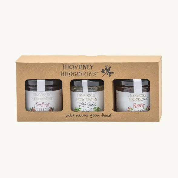 Heavenly Hedgerows Foraged Preserve Gift Pack with assorted jars of handcrafted fruit preserves in a gift set.