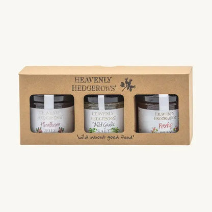 Heavenly Hedgerows Foraged Preserve Gift Pack with assorted jars of handcrafted fruit preserves in a gift set.