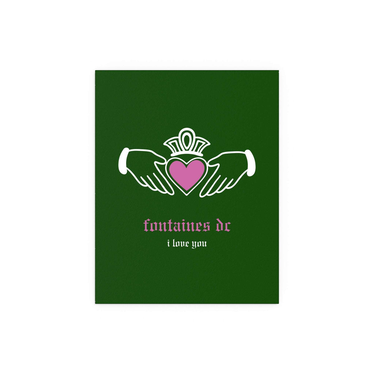 Green Irish Claddagh poster by Fontaines DC, featuring a design inspired by Irish cultural symbols, from Glow On Prints.