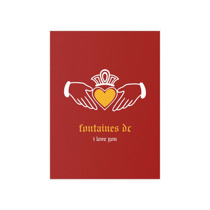 Irish Claddagh poster by Glow On Prints featuring Fontaines DC "I Love You" design in red and yellow colors.