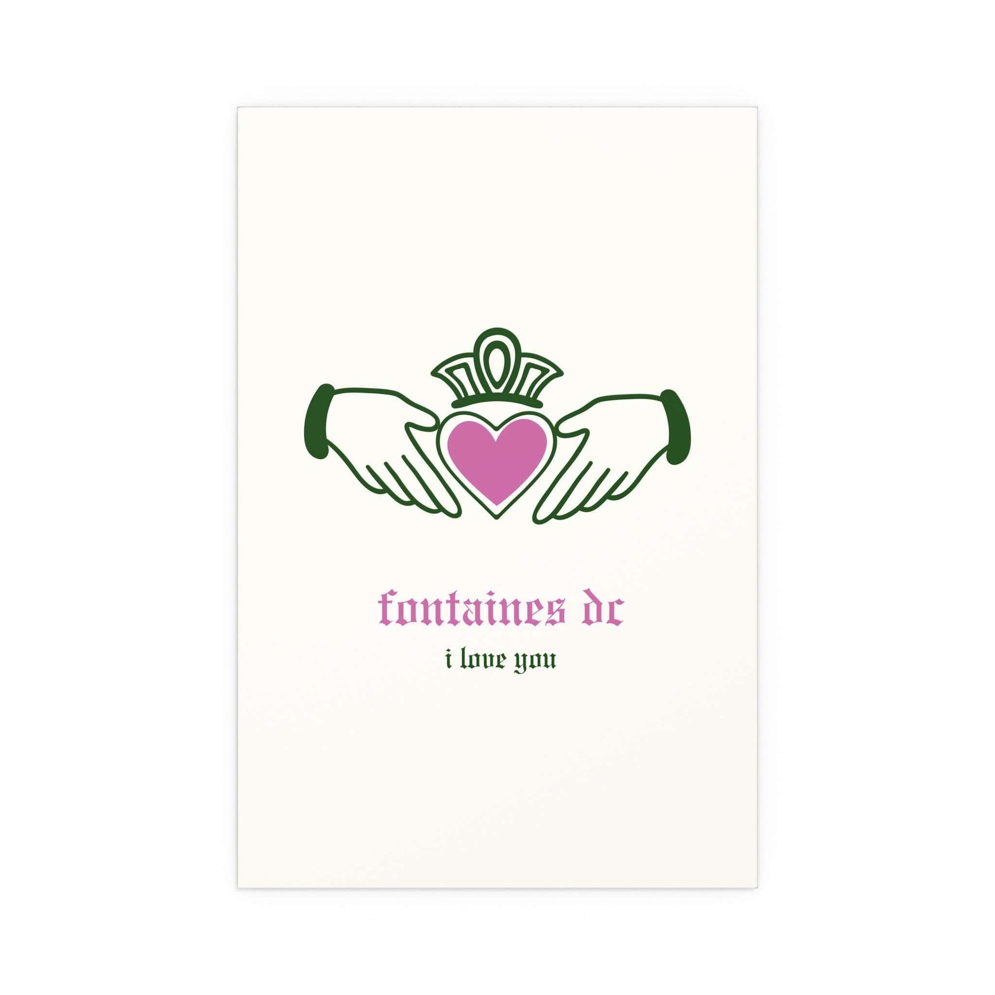 Irish Claddagh poster by Glow On Prints featuring Fontaines DC "I Love You" design in off-white, green, and pink colors.