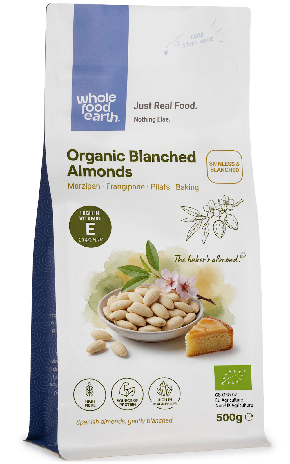 Organic blanched almonds from Whole Food Earth, raw nuts and seeds, with smooth, light-colored almond kernels in a clear bowl.