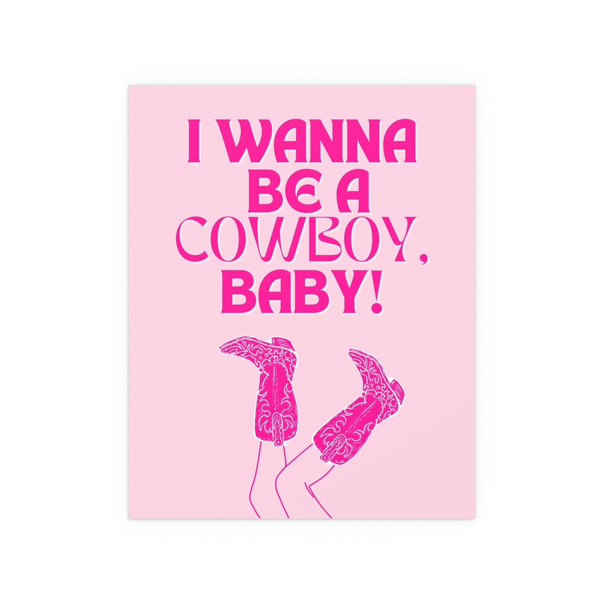 Pink poster of CMAT's "I Wanna Be a Cowboy, Baby" by Glow On Prints, featuring vibrant colors and bold typography.
