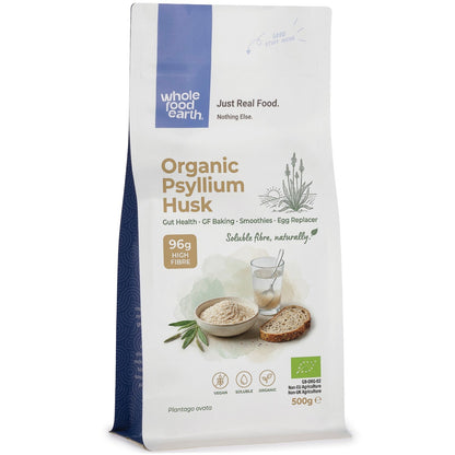 Organic Psyllium Husk in a resealable bag, natural dietary fiber supplement from Whole Food Earth, used for digestion and health.