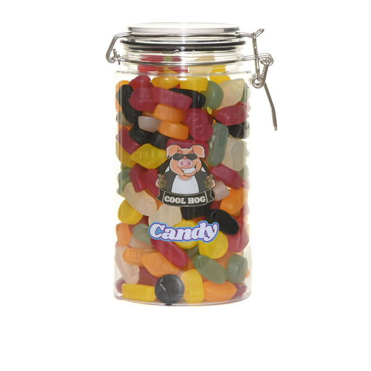 Assorted traditional wine gums candy in a clear gifting jar by Cool Hog Snacks, showing colorful chewy fruit-flavored candies.